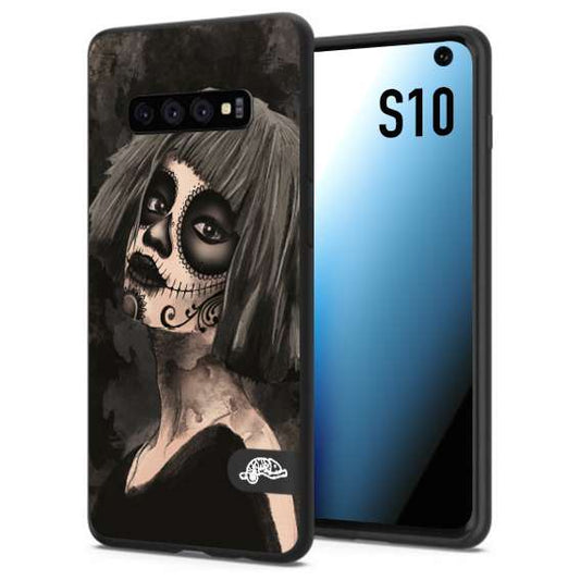 CUSTOMIZZA - Custodia cover nera morbida in tpu compatibile per Samsung S10 chicana messicana dea de la muerte donna santa tattoo disegnata