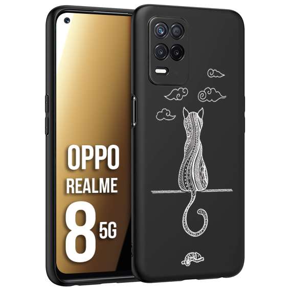 CUSTOMIZZA - Custodia cover nera morbida in tpu compatibile per Oppo Realme 8 5G gatto mandala stilizzato gattino a rilievo soft touch donna bianca