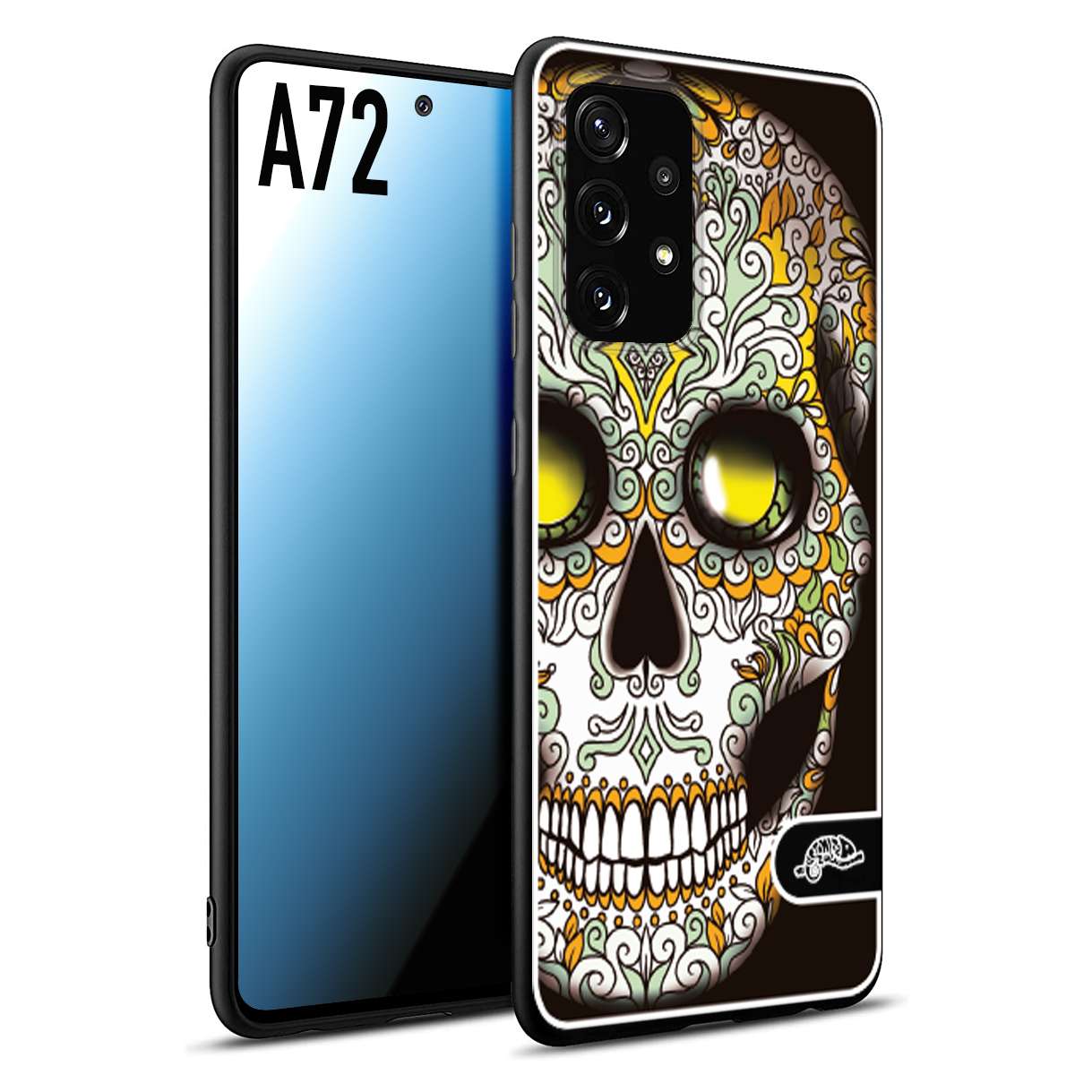 CUSTOMIZZA - Custodia cover nera morbida in tpu compatibile per Samsung A72 teschio messicano Mexican skull bianco verde giallo