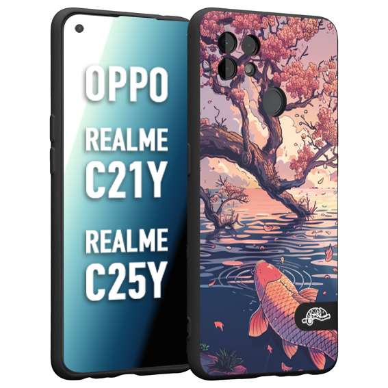 CUSTOMIZZA - Custodia cover nera morbida in tpu compatibile per Oppo Realme C21Y - C25Y giapponese lago carpa koi rosa con foglie d'acero disegnata tattoo