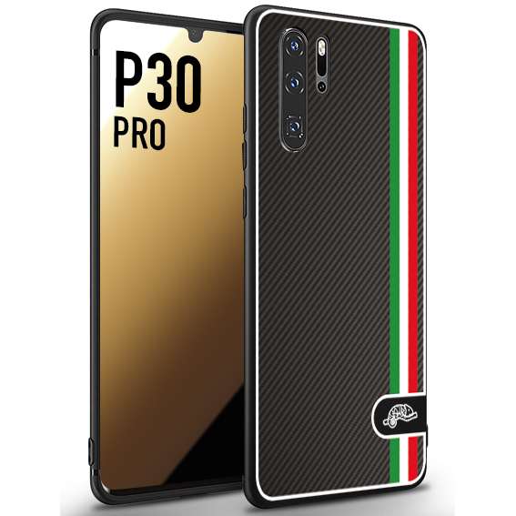 CUSTOMIZZA - Custodia cover nera morbida in tpu compatibile per Huawei P30 PRO effetto fibra di carbonio bandiera Italia made in Italy