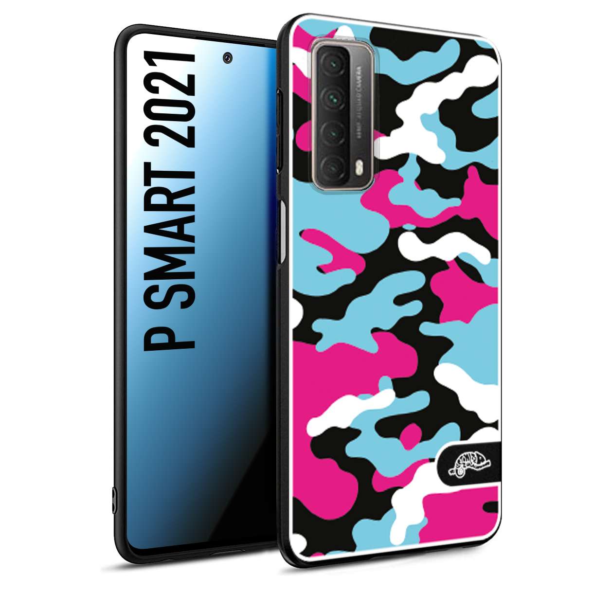 CUSTOMIZZA - Custodia cover nera morbida in tpu compatibile per Huawei P Smart 2021 camouflage mimetico militare fucsia celeste