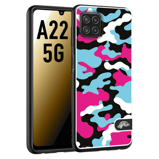 CUSTOMIZZA - Custodia cover nera morbida in tpu compatibile per Samsung A22 5G camouflage mimetico militare fucsia celeste