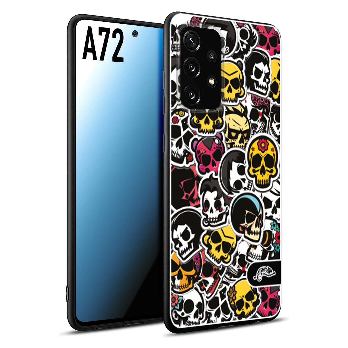 CUSTOMIZZA - Custodia cover nera morbida in tpu compatibile per Samsung A72 sticker bomb teschi colorati adesivi skulls skater snowboard