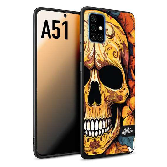 CUSTOMIZZA - Custodia cover nera morbida in tpu compatibile per Samsung A51 teschio messicano colorato dorato fiori autunnali disegnato