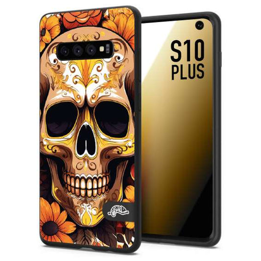 CUSTOMIZZA - Custodia cover nera morbida in tpu compatibile per Samsung S10 PLUS teschio messicano colorato dorato fiori tattoo disegnato