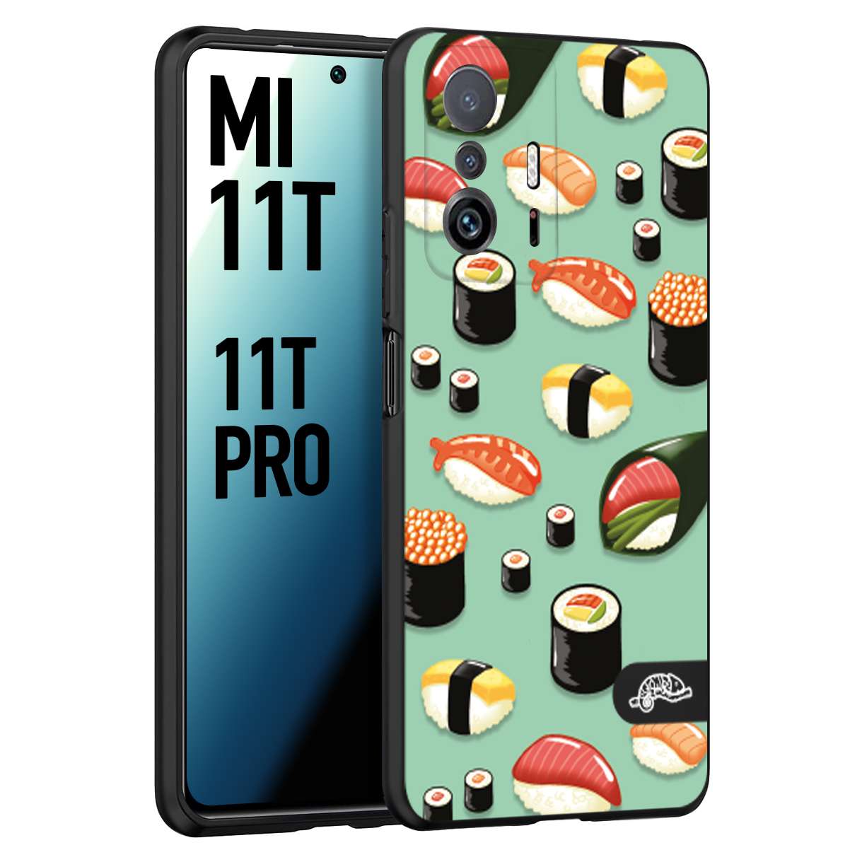 CUSTOMIZZA - Custodia cover nera morbida in tpu compatibile per Xiaomi Mi 11T - Mi 11T PRO sushi disegni giapponese nighiri acquamarina verde