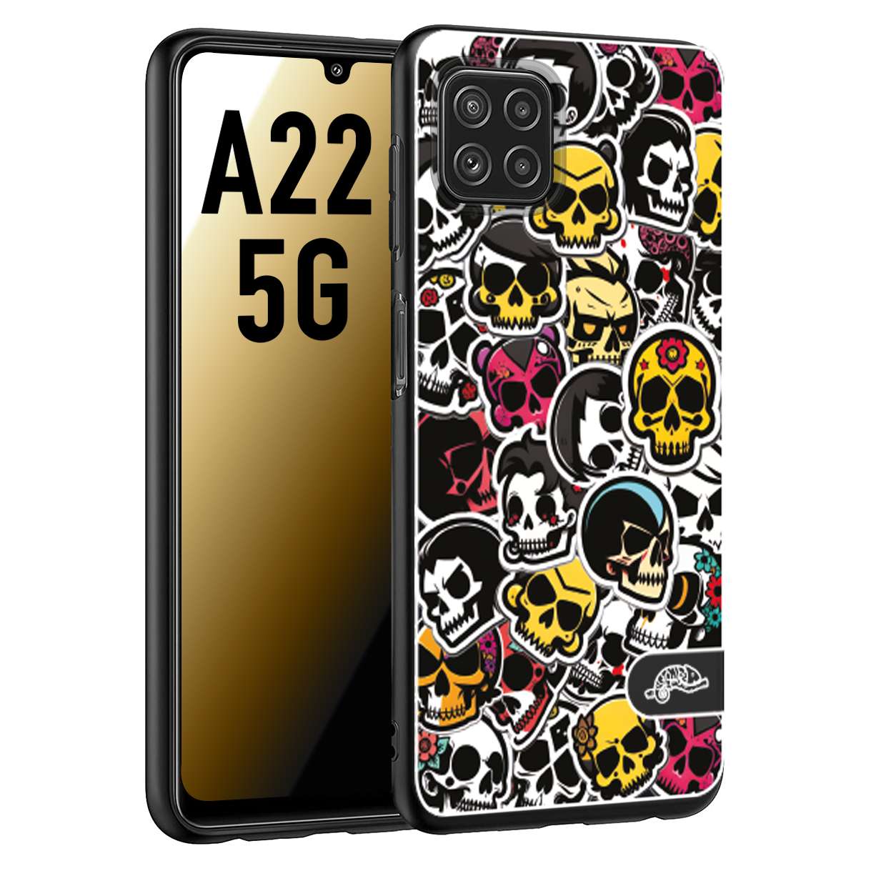 CUSTOMIZZA - Custodia cover nera morbida in tpu compatibile per Samsung A22 5G sticker bomb teschi colorati adesivi skulls skater snowboard