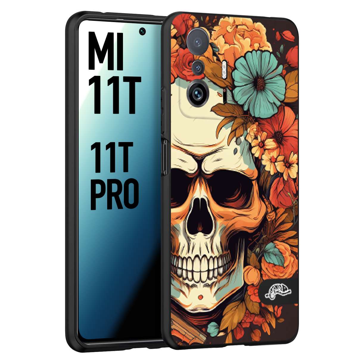 CUSTOMIZZA - Custodia cover nera morbida in tpu compatibile per Xiaomi Mi 11T - Mi 11T PRO teschio skull flowers fiori autunnali arancio celeste tattoo