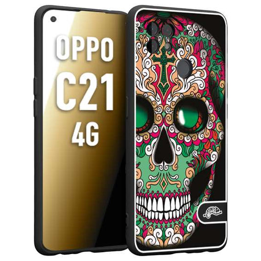 CUSTOMIZZA - Custodia cover nera morbida in tpu compatibile per Oppo Realme C21 4G teschio messicano Mexican skull verde fucsia