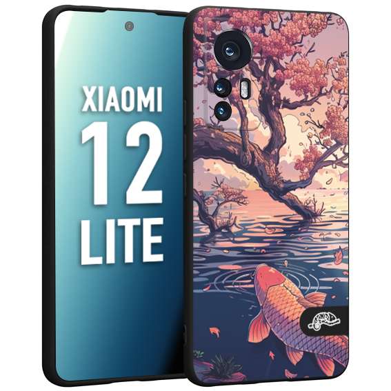 CUSTOMIZZA - Custodia cover nera morbida in tpu compatibile per Xiaomi 12 LITE giapponese lago carpa koi rosa con foglie d'acero disegnata tattoo