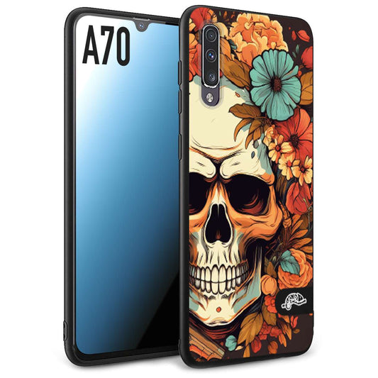 CUSTOMIZZA - Custodia cover nera morbida in tpu compatibile per Samsung A70 teschio skull flowers fiori autunnali arancio celeste tattoo