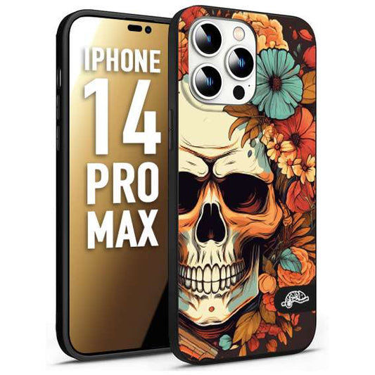 CUSTOMIZZA - Custodia cover nera morbida in tpu compatibile per iPhone 14 PRO MAX teschio skull flowers fiori autunnali arancio celeste tattoo