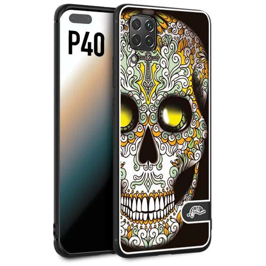 CUSTOMIZZA - Custodia cover nera morbida in tpu compatibile per Huawei P40 teschio messicano Mexican skull bianco verde giallo