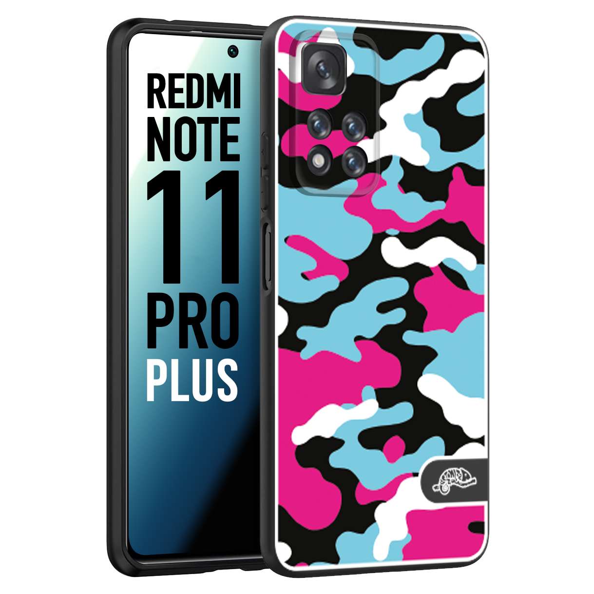 CUSTOMIZZA - Custodia cover nera morbida in tpu compatibile per Xiaomi Redmi Note 11 PRO PLUS camouflage mimetico militare fucsia celeste