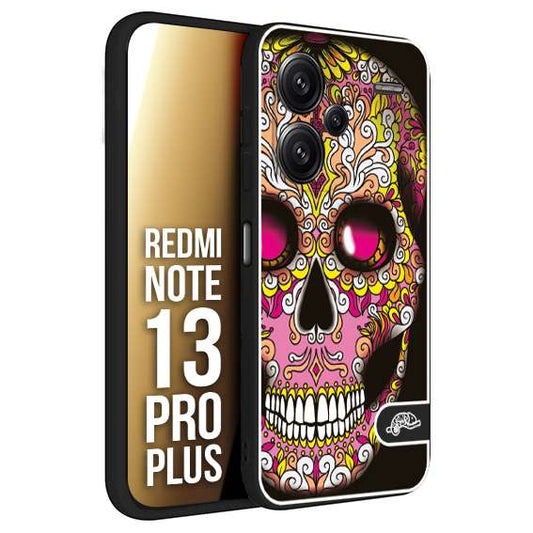 CUSTOMIZZA - Custodia cover nera morbida in tpu compatibile per Xiaomi Redmi Note 13 PRO PLUS teschio messicano Mexican skull rosa gialla