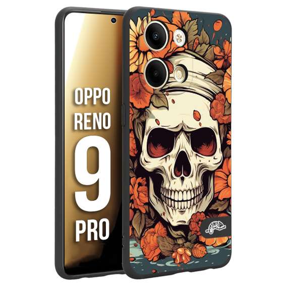 CUSTOMIZZA - Custodia cover nera morbida in tpu compatibile per Oppo Reno 9 PRO teschio skull flowers fiori tattoo disegnato alta definizione