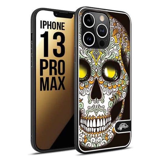 CUSTOMIZZA - Custodia cover nera morbida in tpu compatibile per iPhone 13 PRO MAX teschio messicano Mexican skull bianco verde giallo