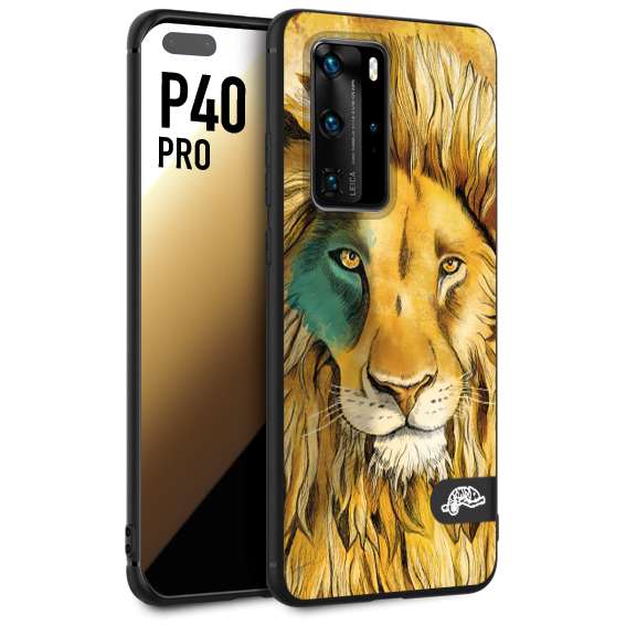 CUSTOMIZZA - Custodia cover nera morbida in tpu compatibile per Huawei P40 PRO leone lion disegnato a mano giallo blu a rilievo artistico brown