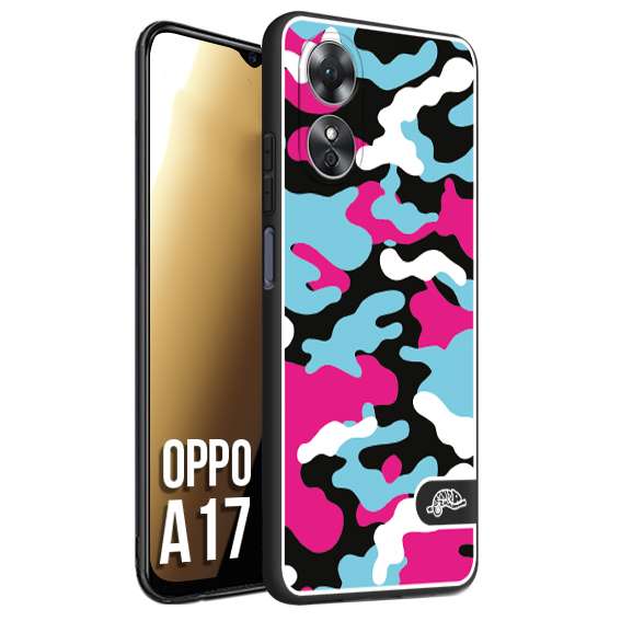 CUSTOMIZZA - Custodia cover nera morbida in tpu compatibile per Oppo A17 camouflage mimetico militare fucsia celeste