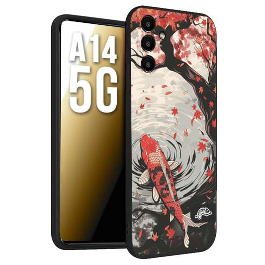 CUSTOMIZZA - Custodia cover nera morbida in tpu compatibile per Samsung A14 5G giapponese lago carpa koi rossa con foglie d'acero rosso disegnata tattoo