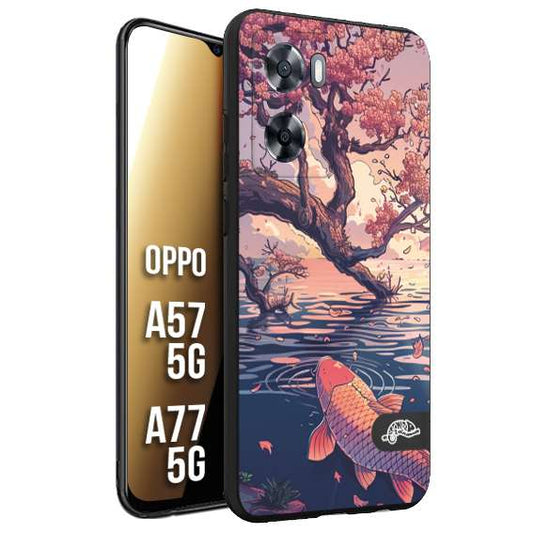 CUSTOMIZZA - Custodia cover nera morbida in tpu compatibile per Oppo A57 5G - A77 5G giapponese lago carpa koi rosa con foglie d'acero disegnata tattoo