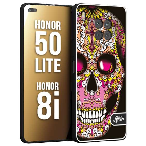 CUSTOMIZZA - Custodia cover nera morbida in tpu compatibile per Honor 8i - Honor 50 LITE teschio messicano Mexican skull rosa gialla