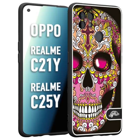 CUSTOMIZZA - Custodia cover nera morbida in tpu compatibile per Oppo Realme C21Y - C25Y teschio messicano Mexican skull rosa gialla