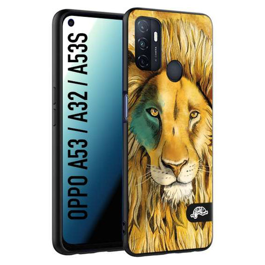 CUSTOMIZZA - Custodia cover nera morbida in tpu compatibile per Oppo A53 - A32 - A53S leone lion disegnato a mano giallo blu a rilievo artistico brown