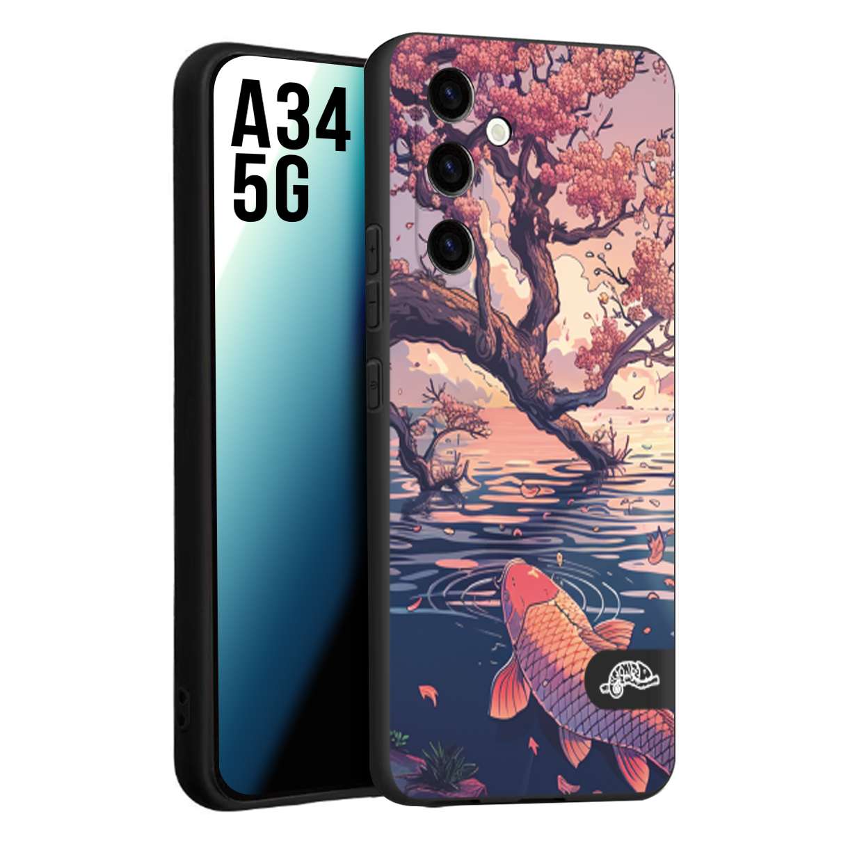 CUSTOMIZZA - Custodia cover nera morbida in tpu compatibile per Samsung A34 5G giapponese lago carpa koi rosa con foglie d'acero disegnata tattoo