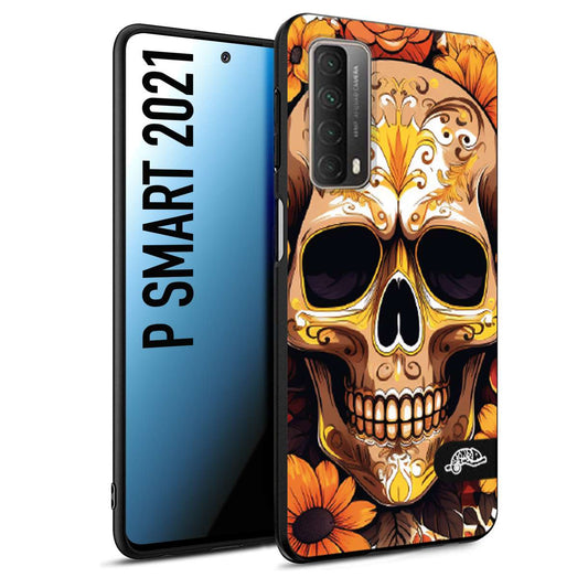 CUSTOMIZZA - Custodia cover nera morbida in tpu compatibile per Huawei P Smart 2021 teschio messicano colorato dorato fiori tattoo disegnato