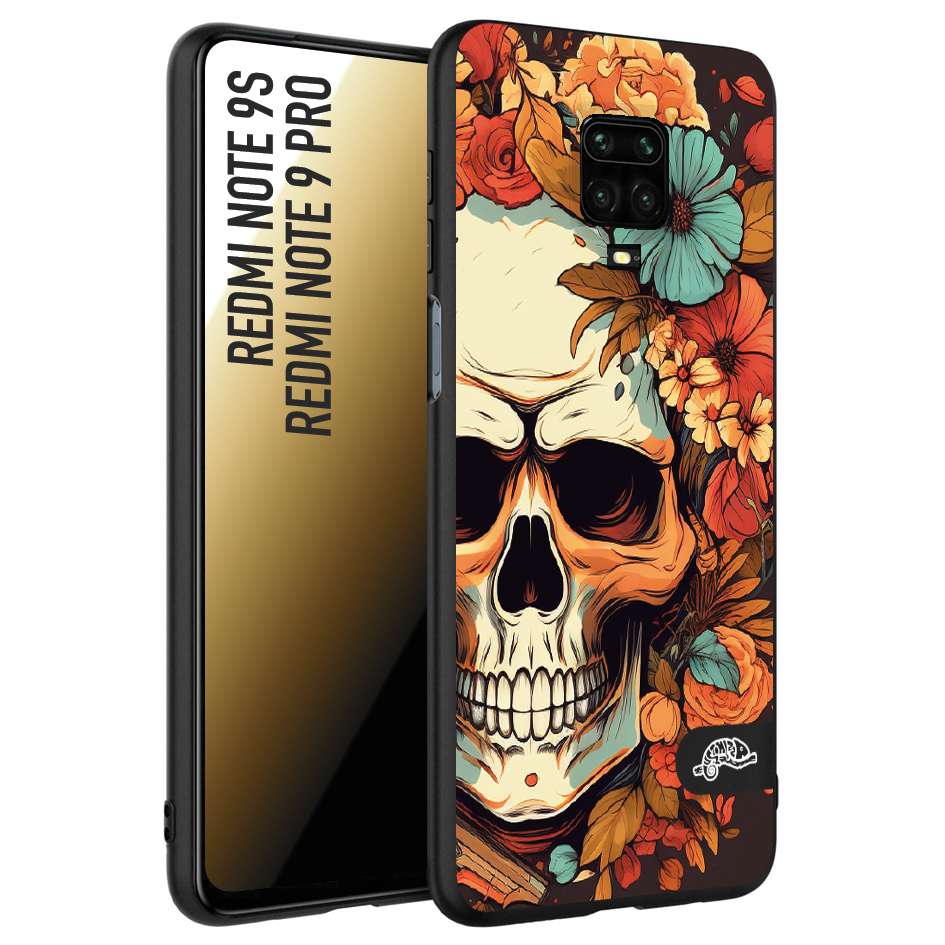 CUSTOMIZZA - Custodia cover nera morbida in tpu compatibile per Xiaomi Redmi Note 9S - Note 9 PRO teschio skull flowers fiori autunnali arancio celeste tattoo