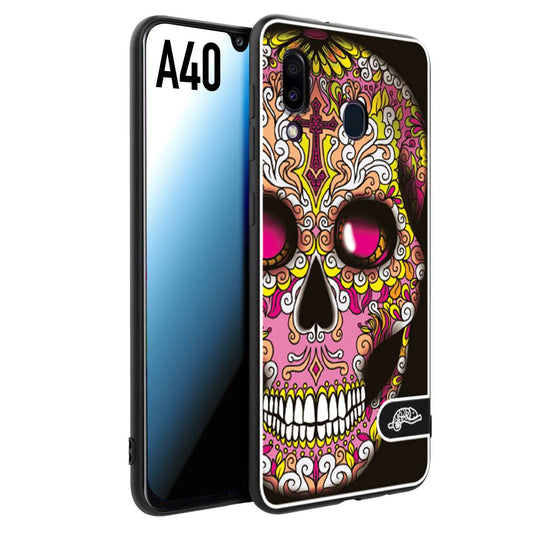 CUSTOMIZZA - Custodia cover nera morbida in tpu compatibile per Samsung A40 teschio messicano Mexican skull rosa gialla