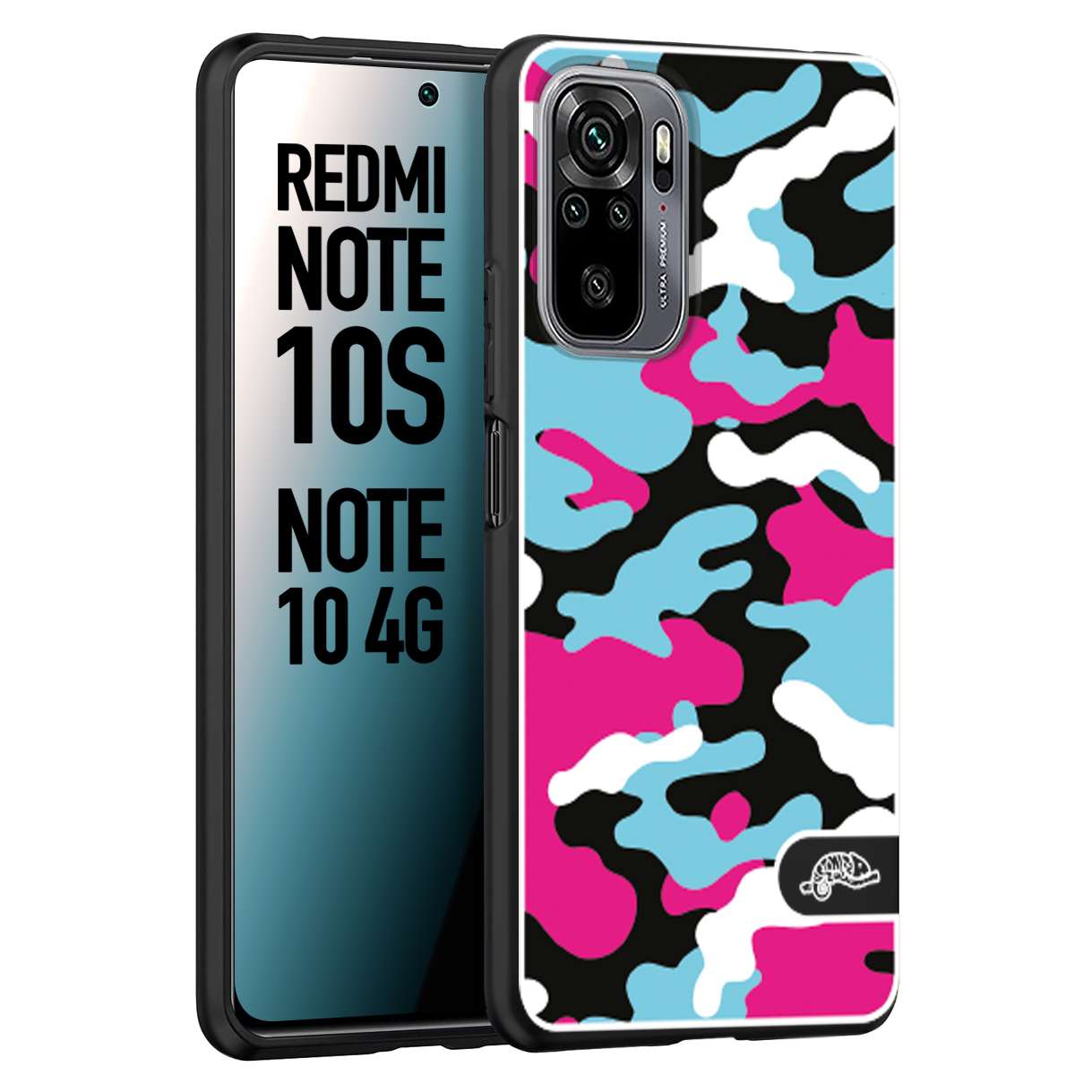 CUSTOMIZZA - Custodia cover nera morbida in tpu compatibile per Xiaomi Redmi Note 10S camouflage mimetico militare fucsia celeste