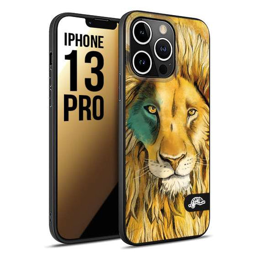 CUSTOMIZZA - Custodia cover nera morbida in tpu compatibile per iPhone 13 PRO leone lion disegnato a mano giallo blu a rilievo artistico brown