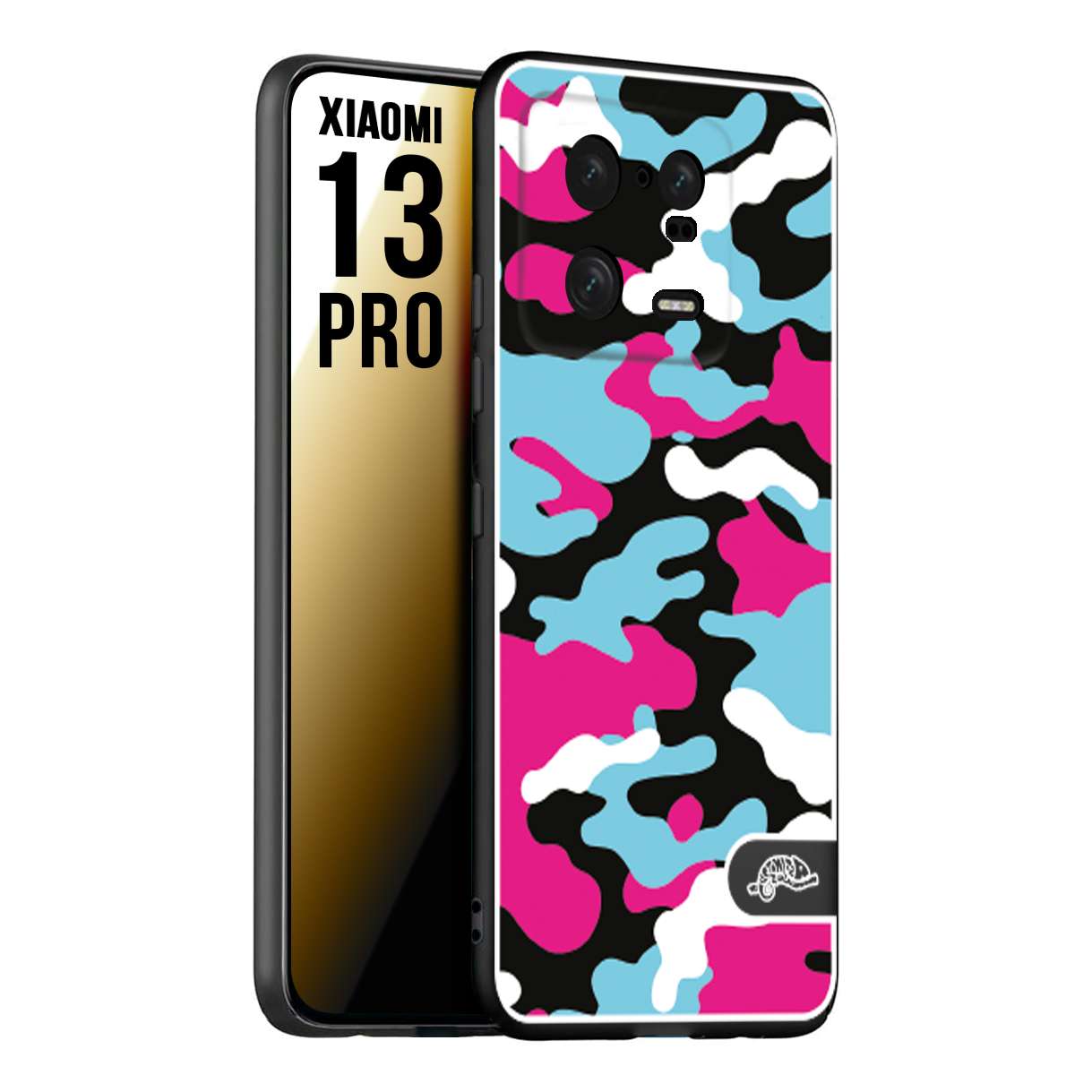 CUSTOMIZZA - Custodia cover nera morbida in tpu compatibile per Xiaomi 13 PRO camouflage mimetico militare fucsia celeste