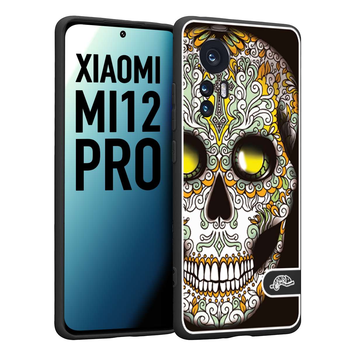 CUSTOMIZZA - Custodia cover nera morbida in tpu compatibile per Xiaomi 12 PRO teschio messicano Mexican skull bianco verde giallo