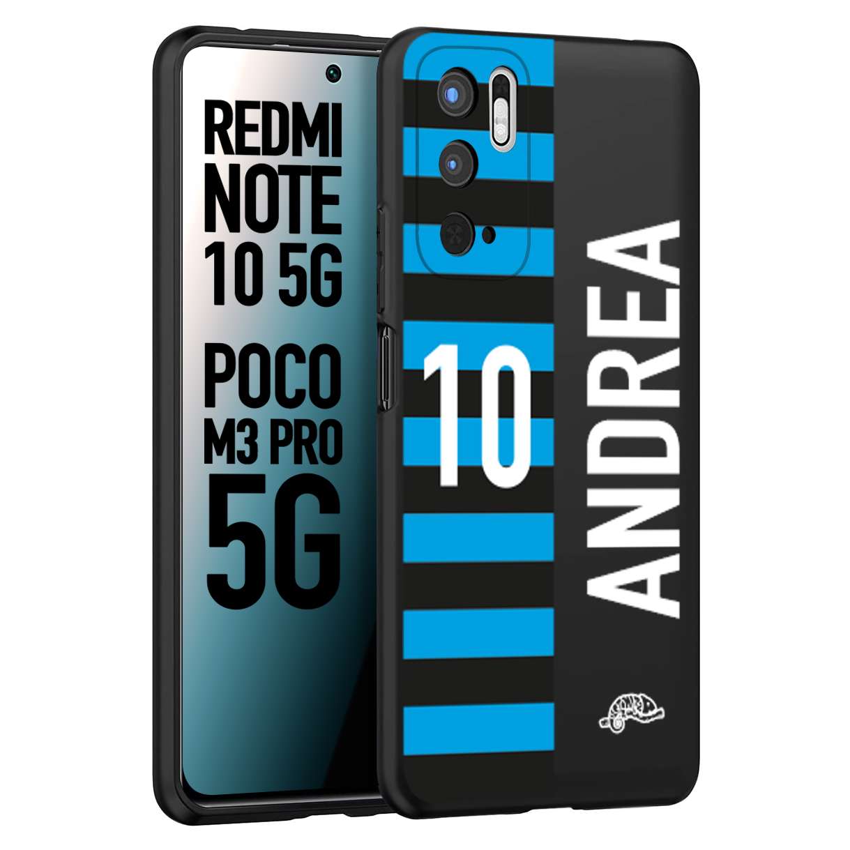 CUSTOMIZZA - Custodia cover nera morbida in tpu compatibile per Xiaomi Redmi Note 10 5G - Poco M3 Pro 5G personalizzata calcio football nome e numero calciatori nerazzurra