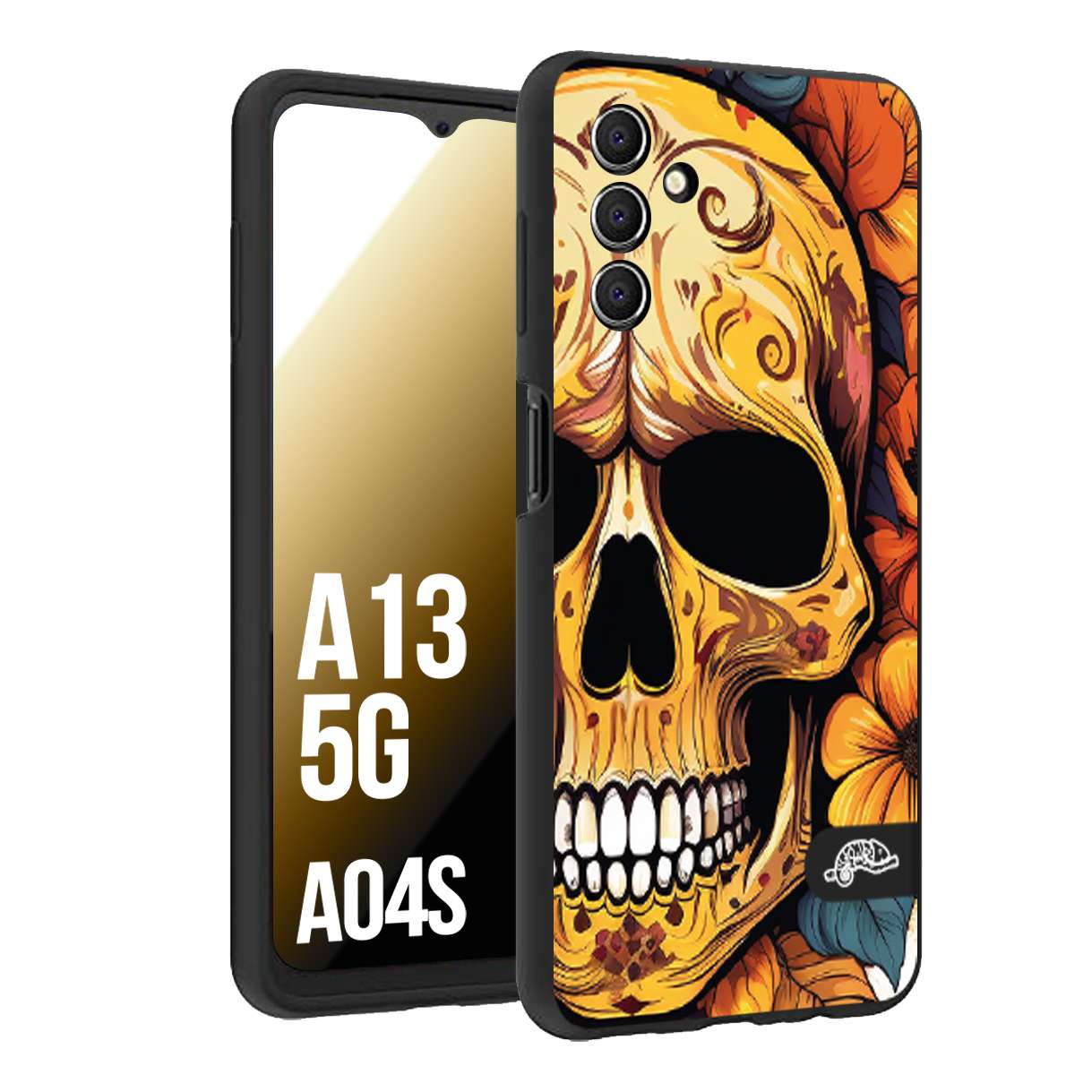 CUSTOMIZZA - Custodia cover nera morbida in tpu compatibile per Samsung A04S - A13 5G teschio messicano colorato dorato fiori autunnali disegnato