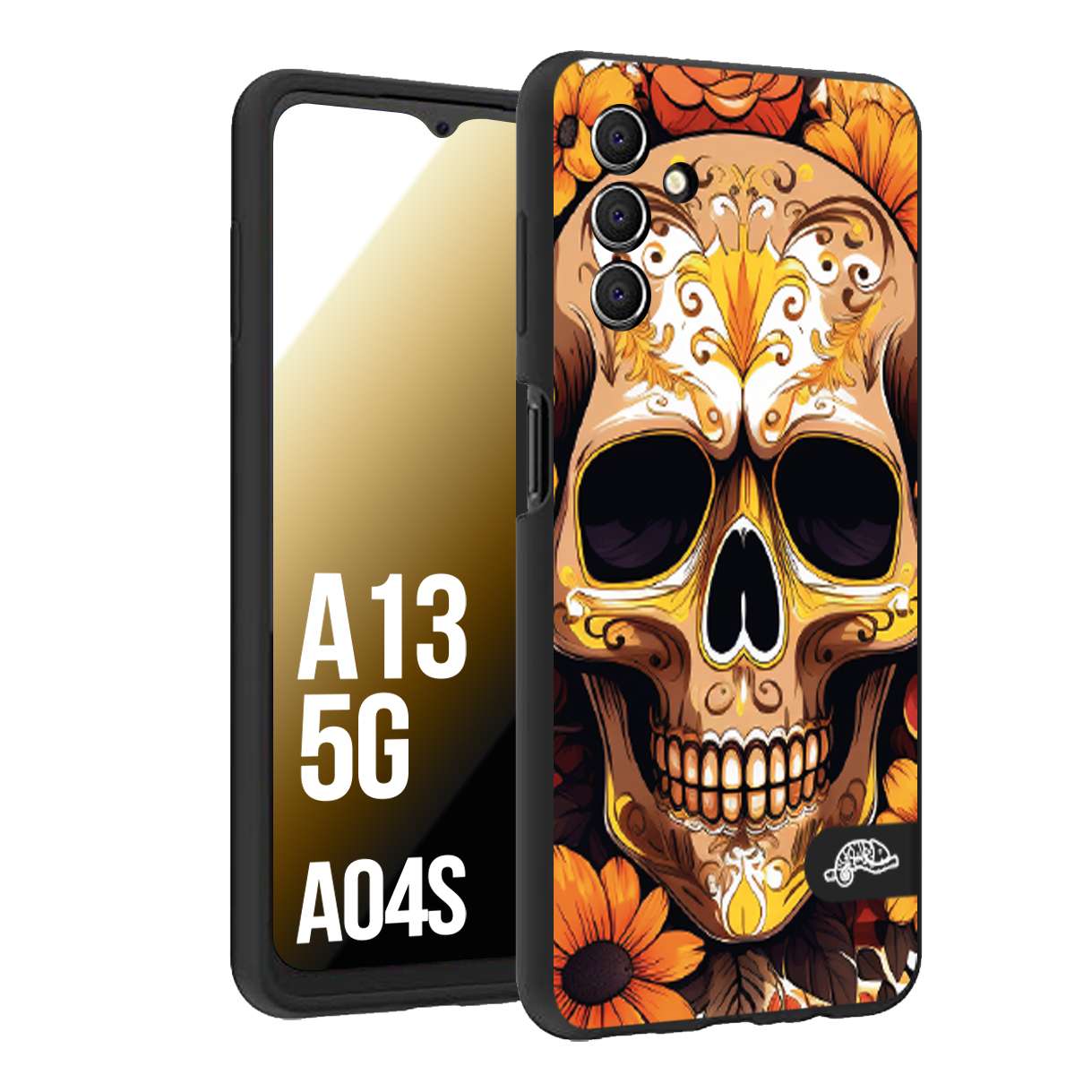 CUSTOMIZZA - Custodia cover nera morbida in tpu compatibile per Samsung A04S - A13 5G teschio messicano colorato dorato fiori tattoo disegnato