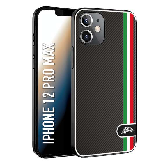 CUSTOMIZZA - Custodia cover nera morbida in tpu compatibile per iPhone 12 PRO MAX effetto fibra di carbonio bandiera Italia made in Italy