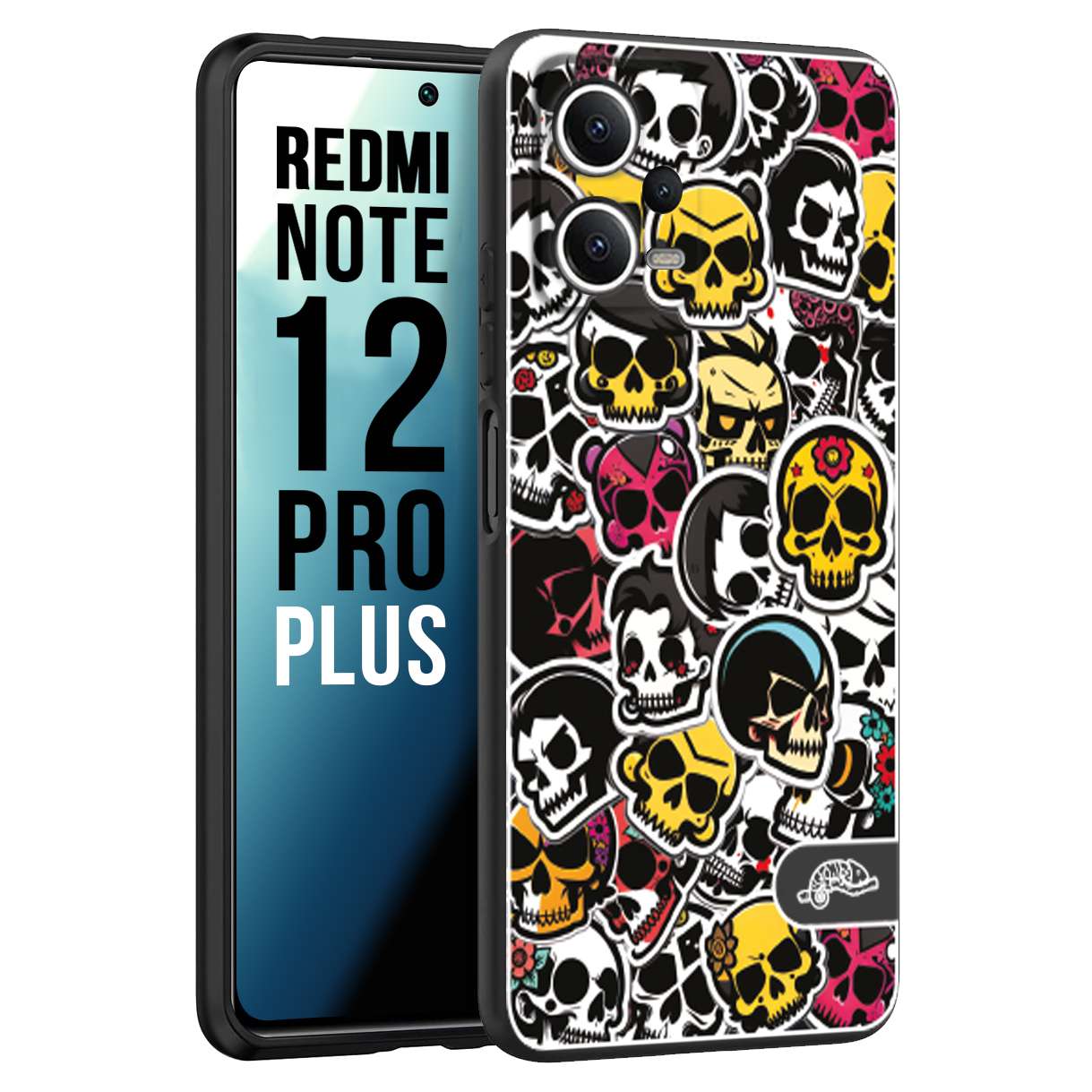 CUSTOMIZZA - Custodia cover nera morbida in tpu compatibile per Xiaomi Redmi Note 12 PRO PLUS sticker bomb teschi colorati adesivi skulls skater snowboard