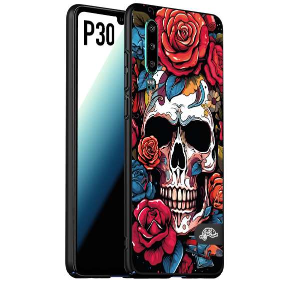 CUSTOMIZZA - Custodia cover nera morbida in tpu compatibile per Huawei P30 teschio skull flowers fiori rose rosse tattoo disegnato