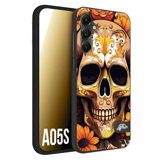 CUSTOMIZZA - Custodia cover nera morbida in tpu compatibile per Samsung A05S teschio messicano colorato dorato fiori tattoo disegnato