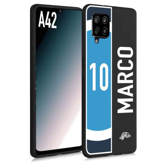 CUSTOMIZZA - Custodia cover nera morbida in tpu compatibile per Samsung A42 personalizzata calcio football nome e numero calciatori biancoazzurri bianco celesti