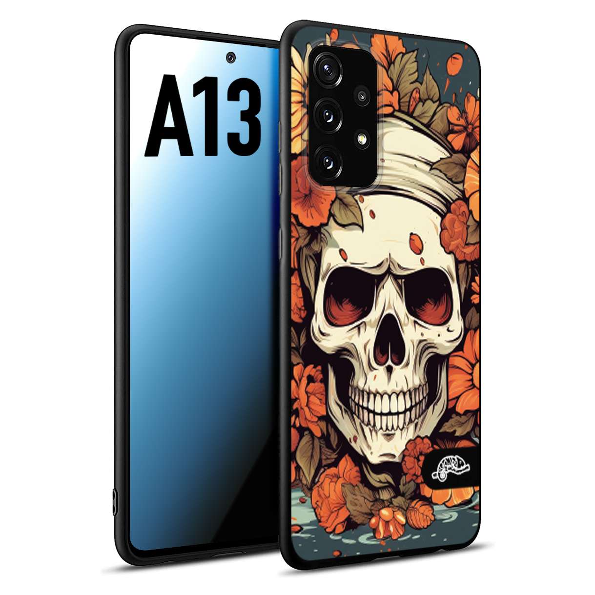 CUSTOMIZZA - Custodia cover nera morbida in tpu compatibile per Samsung A13 teschio skull flowers fiori tattoo disegnato alta definizione