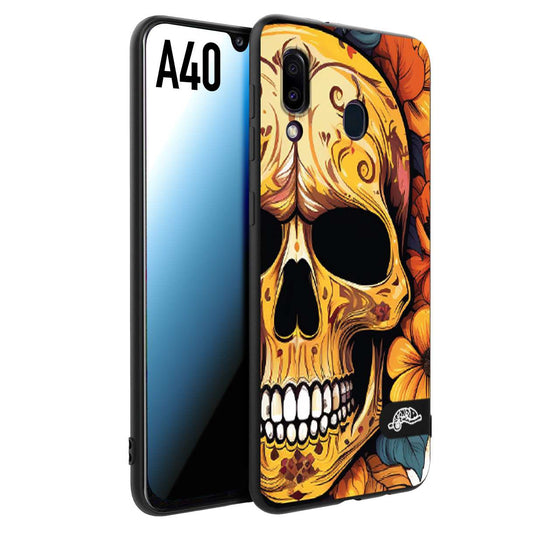 CUSTOMIZZA - Custodia cover nera morbida in tpu compatibile per Samsung A40 teschio messicano colorato dorato fiori autunnali disegnato