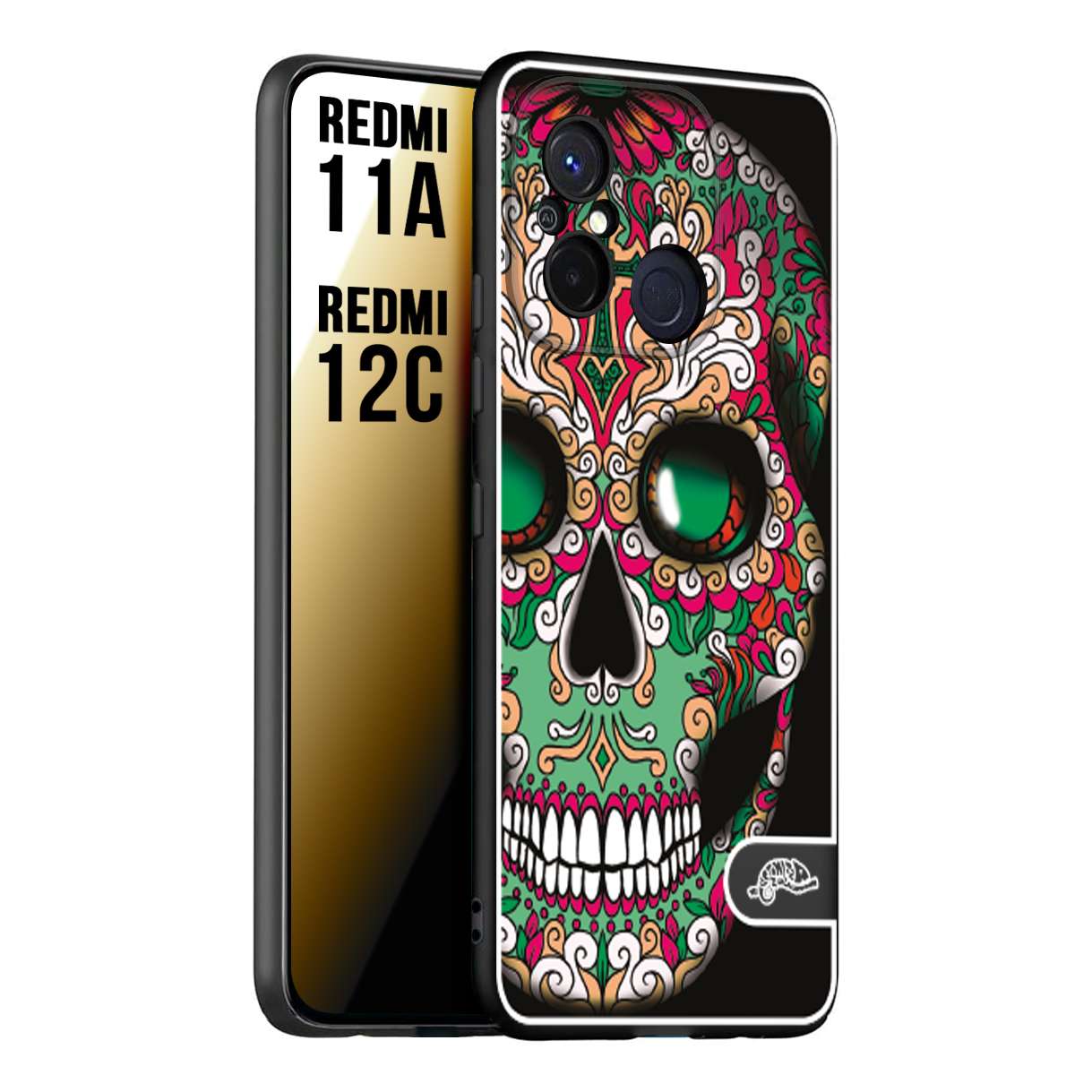 CUSTOMIZZA - Custodia cover nera morbida in tpu compatibile per Xiaomi Redmi 11A - 12C teschio messicano Mexican skull verde fucsia