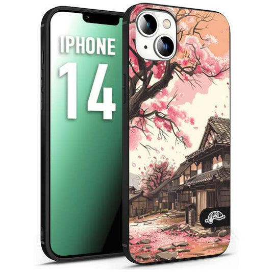 CUSTOMIZZA - Custodia cover nera morbida in tpu compatibile per iPhone 14 casa giapponese rosa ciliegio in fiore disegnata tattoo