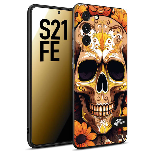 CUSTOMIZZA - Custodia cover nera morbida in tpu compatibile per Samsung S21 FE teschio messicano colorato dorato fiori tattoo disegnato